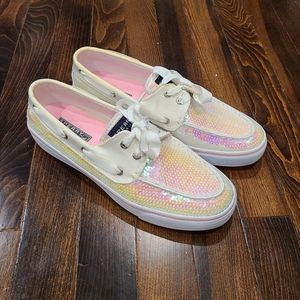 Sperry Bahama White Iridescent Sequin Boat Shoes Size 8